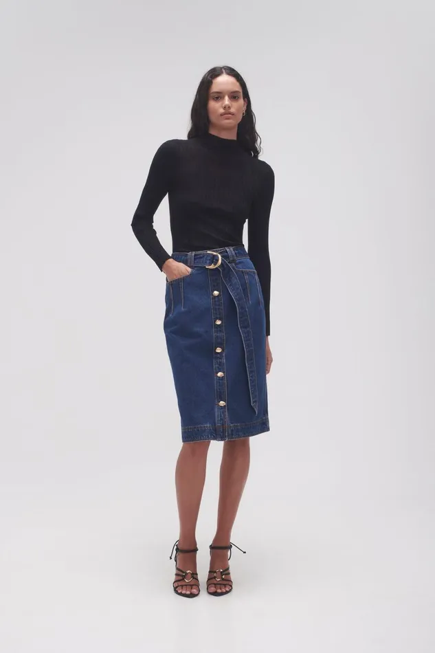 Women Colorado Denim Midi Skirt Washed Indigo Aje Denim