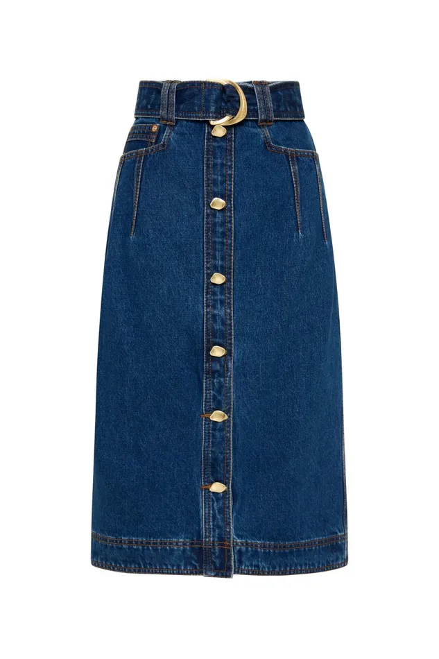 Women Colorado Denim Midi Skirt Washed Indigo Aje Denim