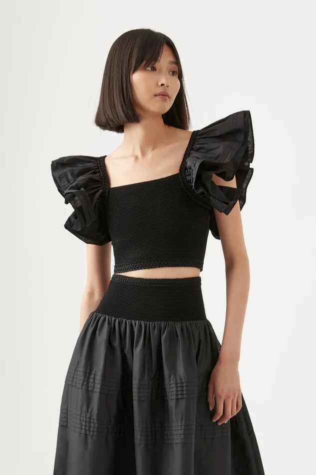 Women Corinne Knit Bodice Crop Top Black Aje Tops