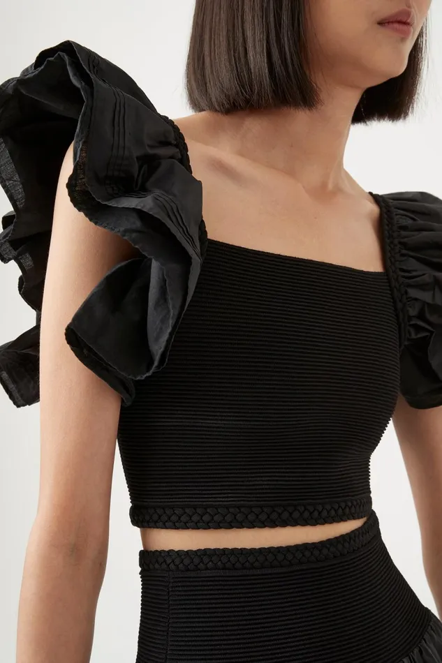 Women Corinne Knit Bodice Crop Top Black Aje Tops