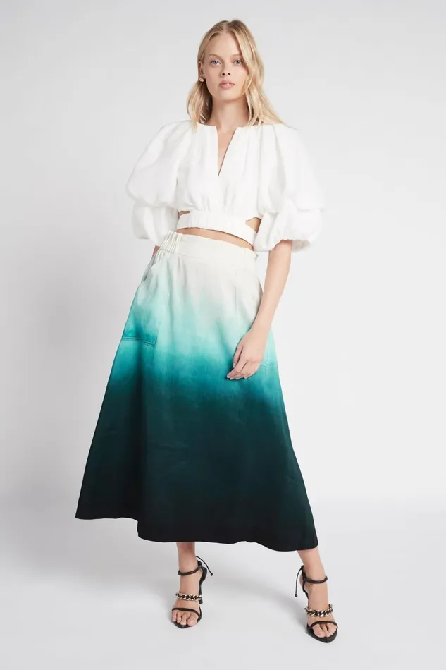 Women Cosmos Midi Skirt Handpainted Teal Ombre Aje Skirts