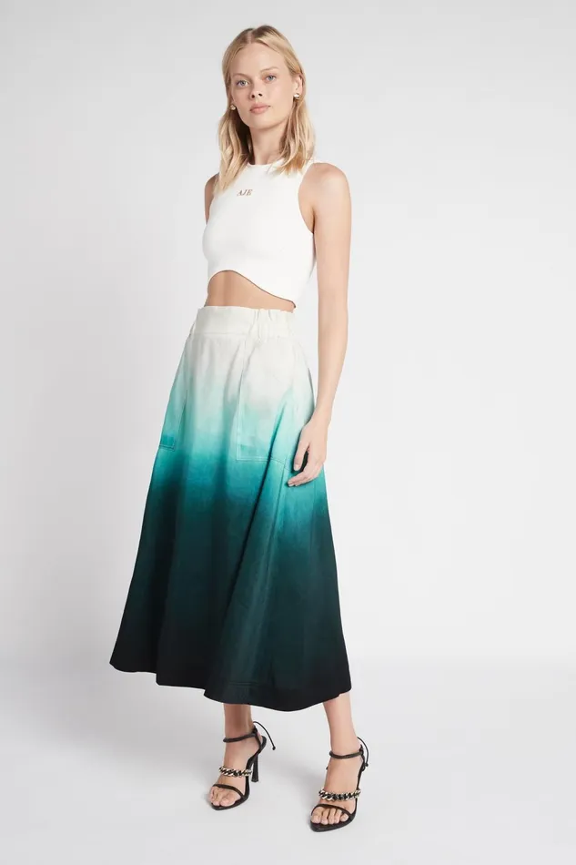 Women Cosmos Midi Skirt Handpainted Teal Ombre Aje Skirts