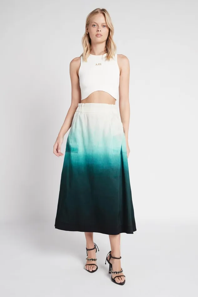 Women Cosmos Midi Skirt Handpainted Teal Ombre Aje Skirts