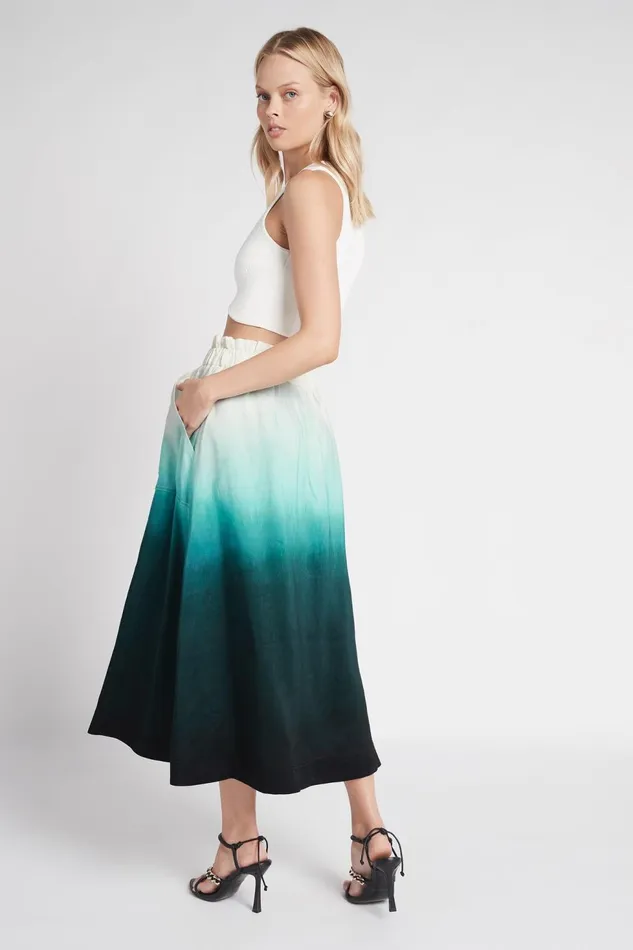 Women Cosmos Midi Skirt Handpainted Teal Ombre Aje Skirts