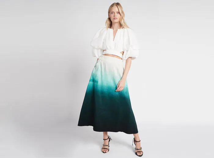 Women Cosmos Midi Skirt Handpainted Teal Ombre Aje Skirts