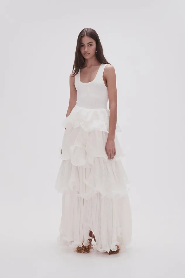 Women Cosmos Tiered Maxi Skirt Ivory Aje Skirts