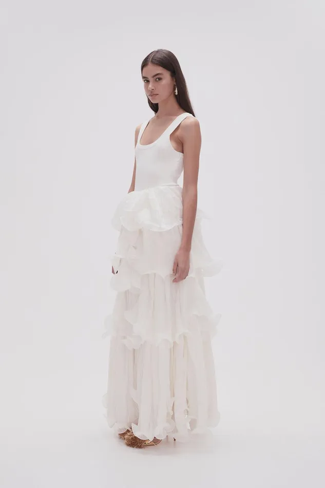 Women Cosmos Tiered Maxi Skirt Ivory Aje Skirts