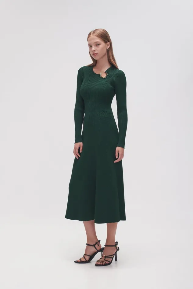Women Crescent Knit Midi Dress Forest Green Aje Body and Crepe Knit