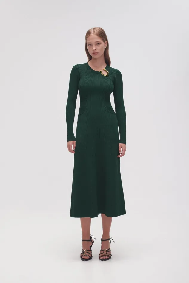 Women Crescent Knit Midi Dress Forest Green Aje Body and Crepe Knit