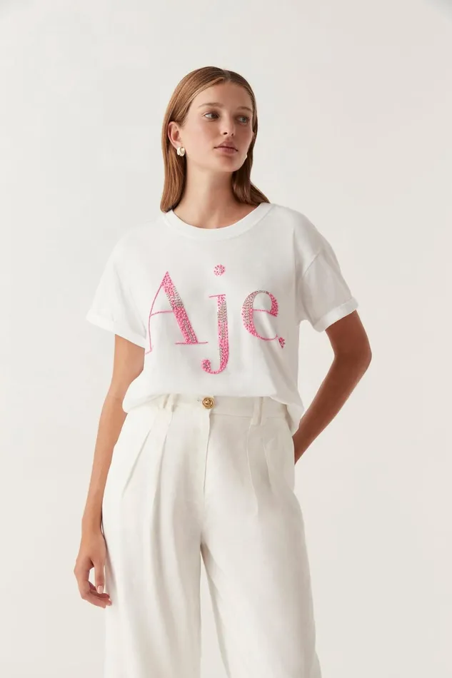 Women Doris Embellished Logo Tee Whitecerise Pink Aje Tees