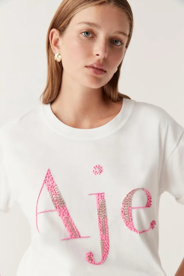Women Doris Embellished Logo Tee Whitecerise Pink Aje Tees