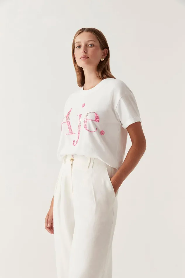 Women Doris Embellished Logo Tee Whitecerise Pink Aje Tees