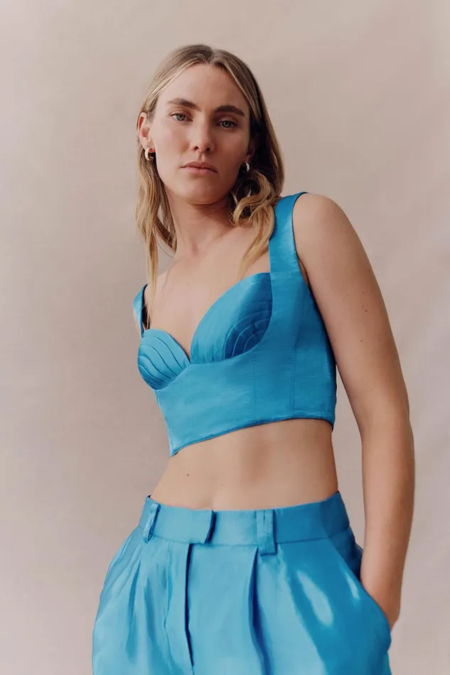 Women Elation Pleated Bralette Azure Blue Aje Tops