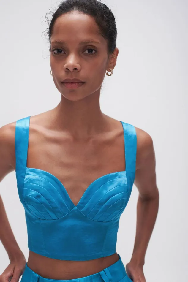 Women Elation Pleated Bralette Azure Blue Aje Tops