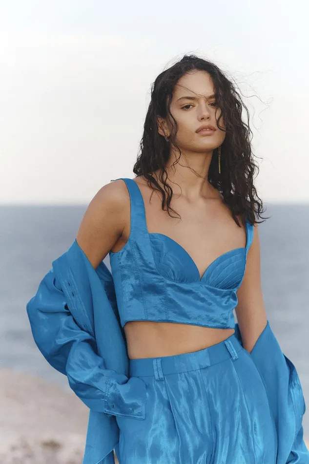 Women Elation Pleated Bralette Azure Blue Aje Tops