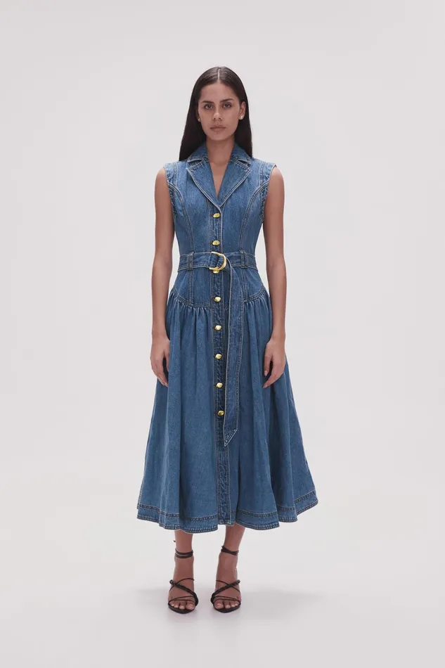 Women Elena Belted Denim Midi Dress 90039s Wash Aje Denim