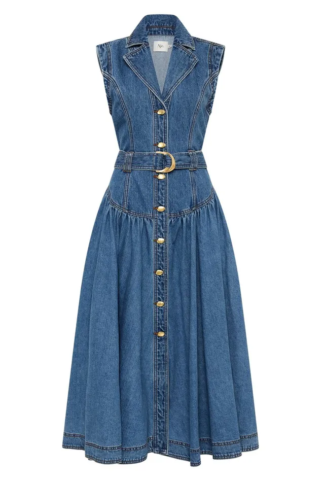 Women Elena Belted Denim Midi Dress 90039s Wash Aje Denim