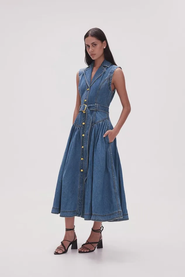 Women Elena Belted Denim Midi Dress 90039s Wash Aje Denim