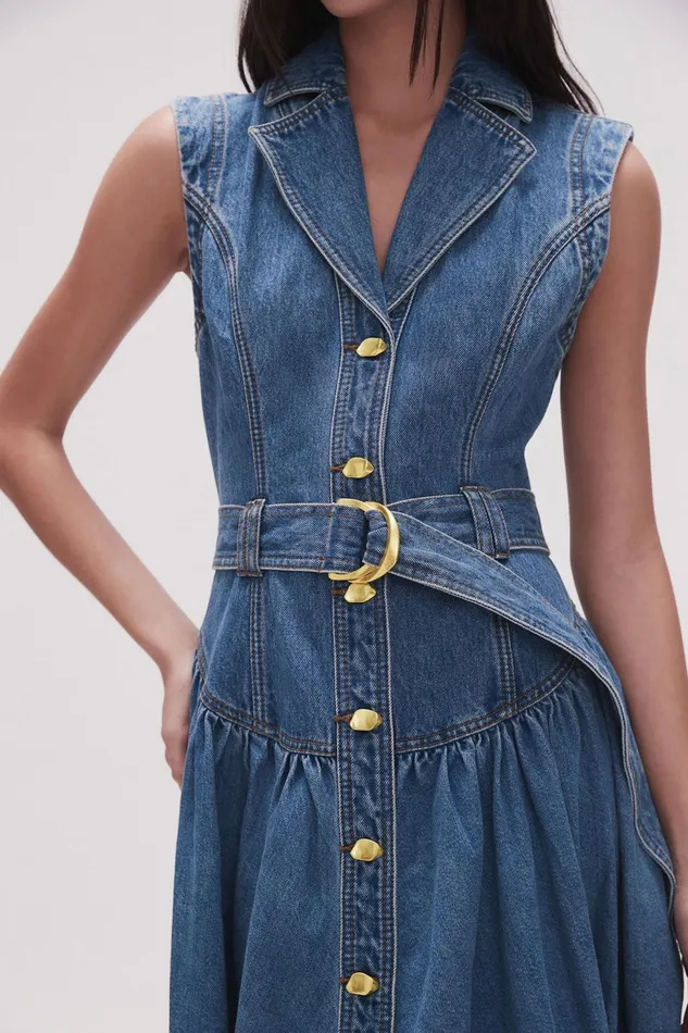 Women Elena Belted Denim Midi Dress 90039s Wash Aje Denim