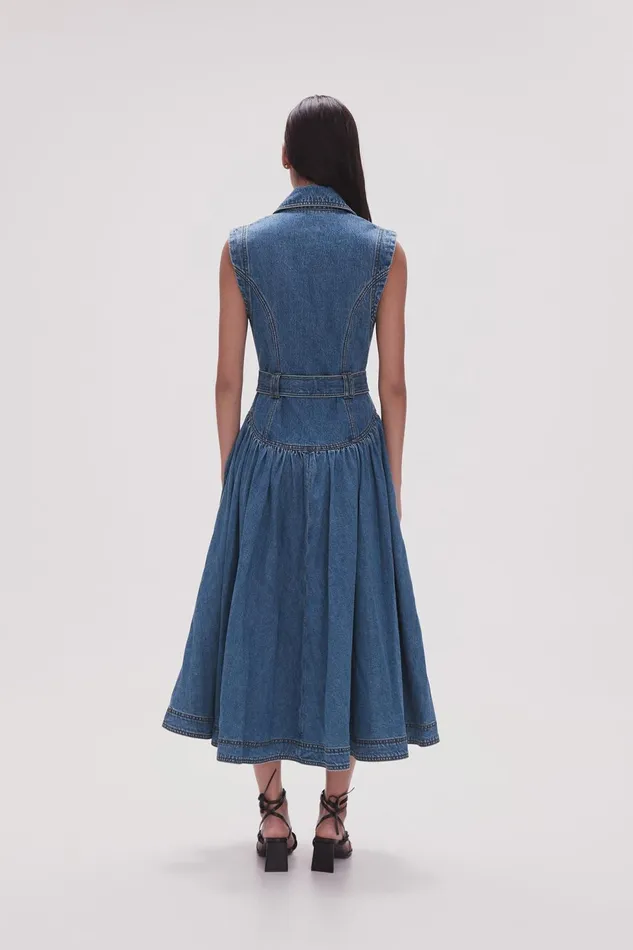 Women Elena Belted Denim Midi Dress 90039s Wash Aje Denim