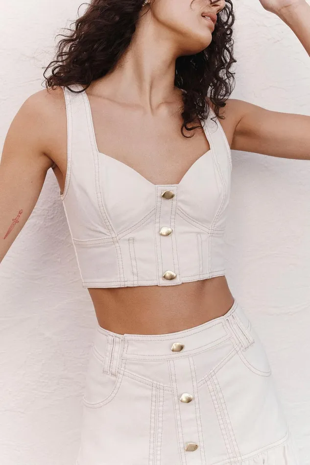 Women Elena Denim Cropped Bustier White Aje Tops