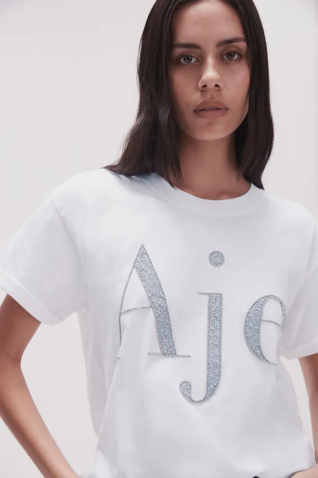 Women Ella Embellished Logo Tee Whitesilver Aje Tees