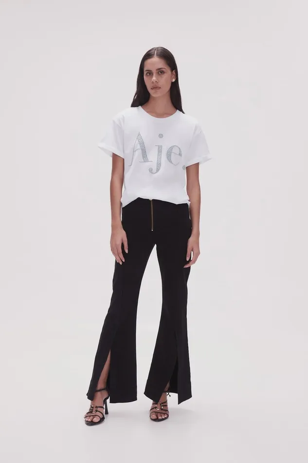 Women Ella Embellished Logo Tee Whitesilver Aje Tees