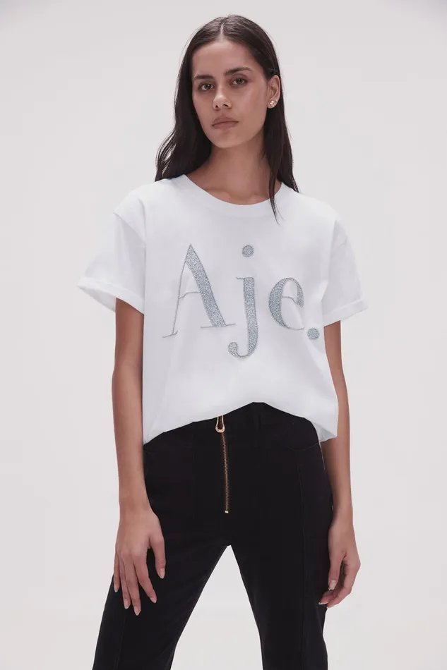 Women Ella Embellished Logo Tee Whitesilver Aje Tees