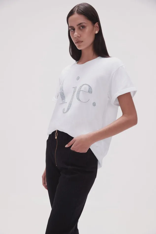 Women Ella Embellished Logo Tee Whitesilver Aje Tees