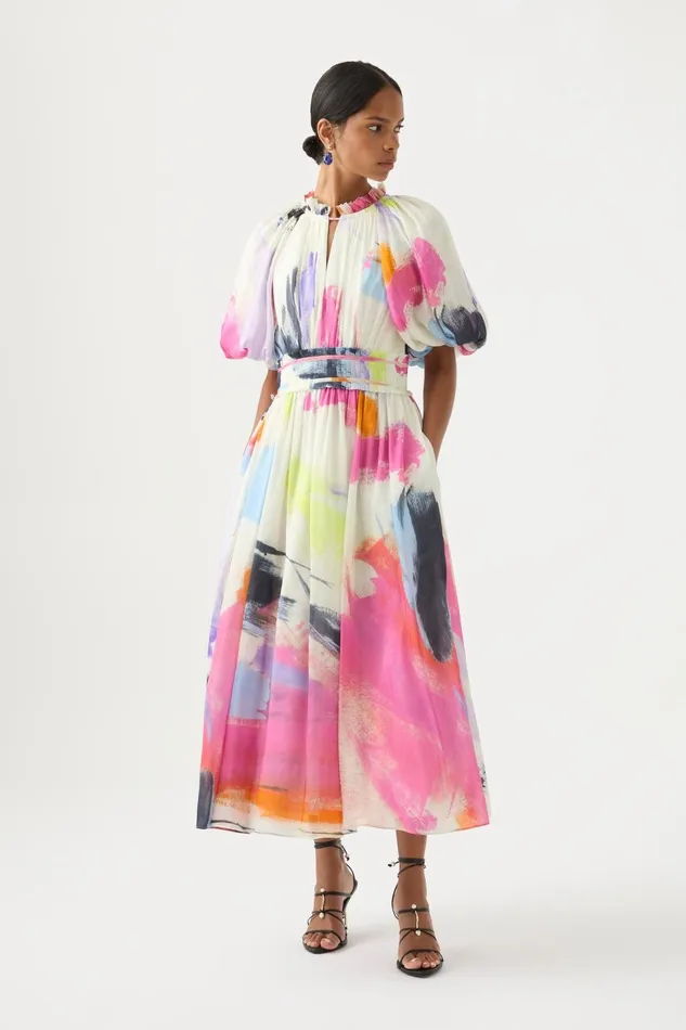 Women Elysium Blouson Midi Dress Abstract Sunset Aje Dresses