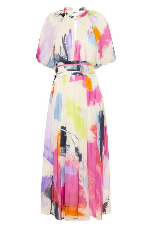Women Elysium Blouson Midi Dress Abstract Sunset Aje Dresses