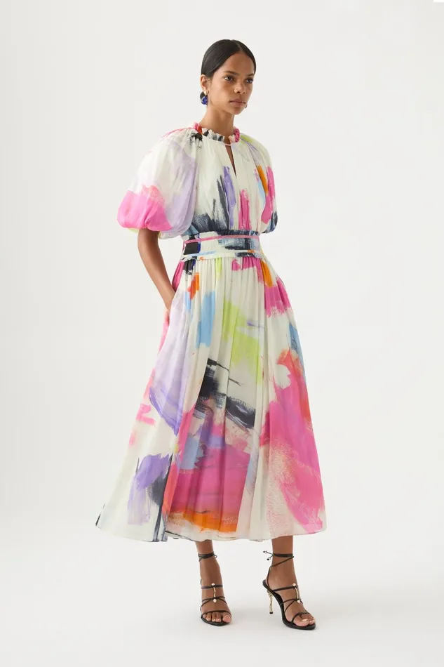 Women Elysium Blouson Midi Dress Abstract Sunset Aje Dresses