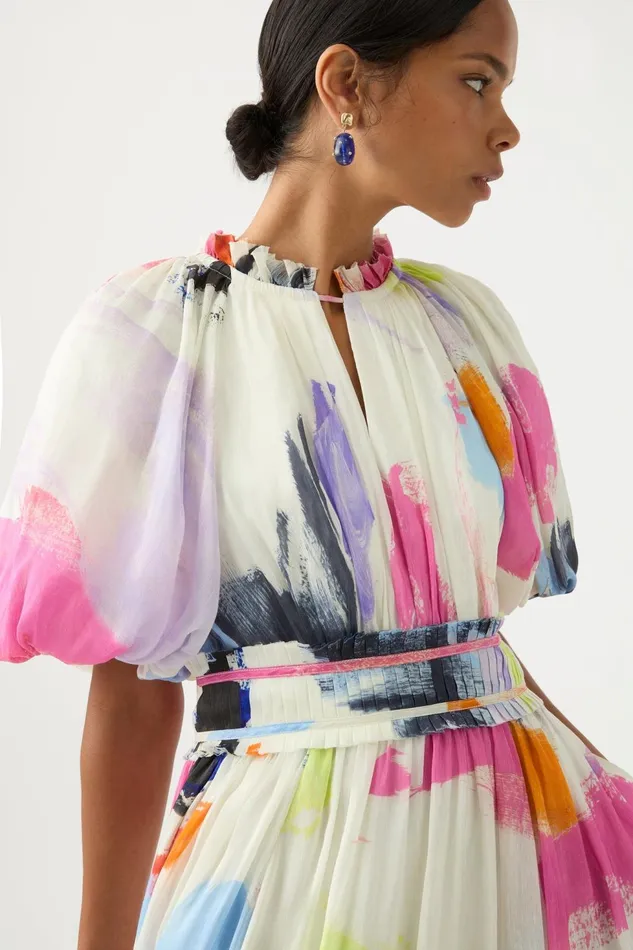 Women Elysium Blouson Midi Dress Abstract Sunset Aje Dresses