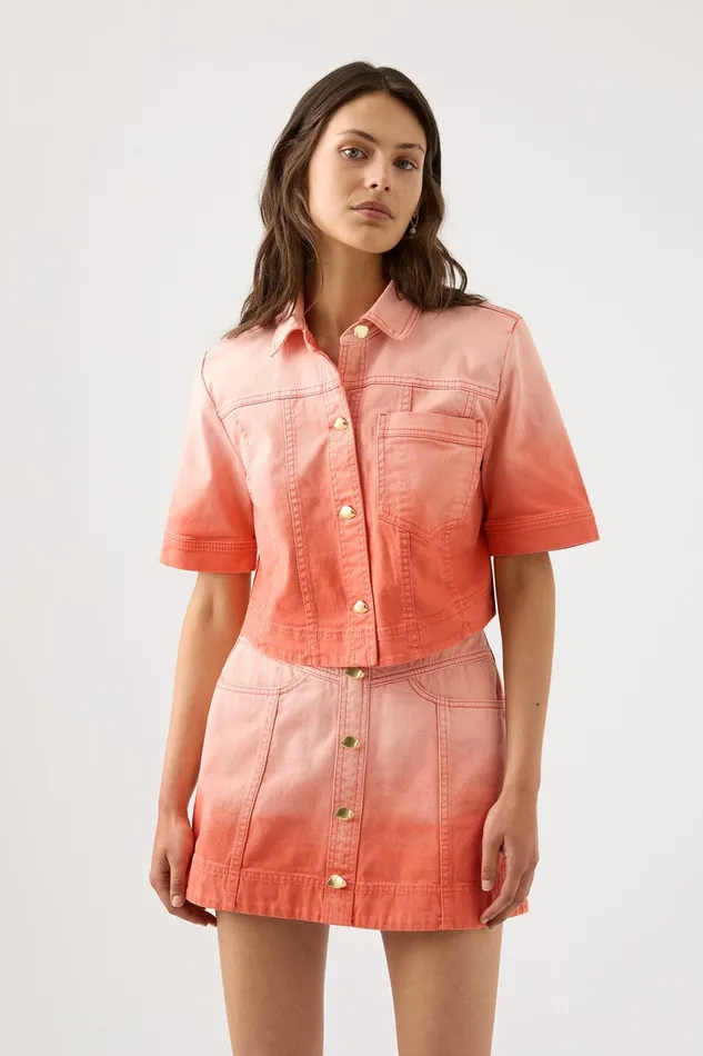 Women Ember Denim Crop Shirt Coral Sunset Aje Tops