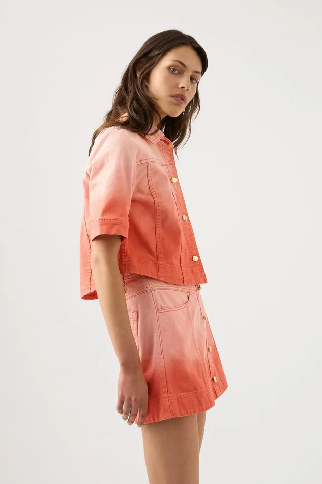 Women Ember Denim Crop Shirt Coral Sunset Aje Tops