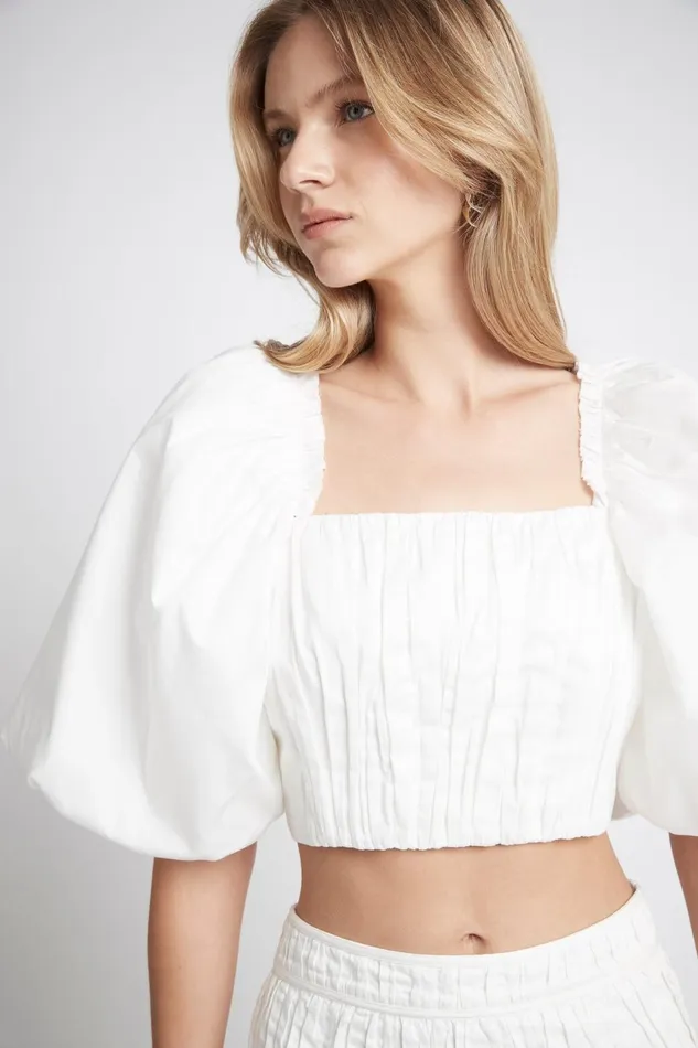Women Enamour Puff Sleeve Cropped Top Ivory Aje Tops