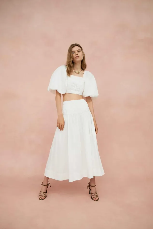 Women Enamour Puff Sleeve Cropped Top Ivory Aje Tops