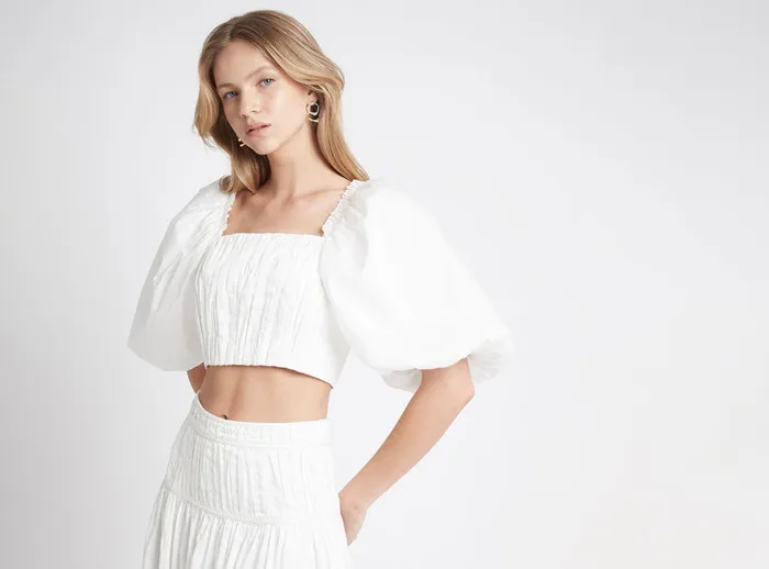 Women Enamour Puff Sleeve Cropped Top Ivory Aje Tops