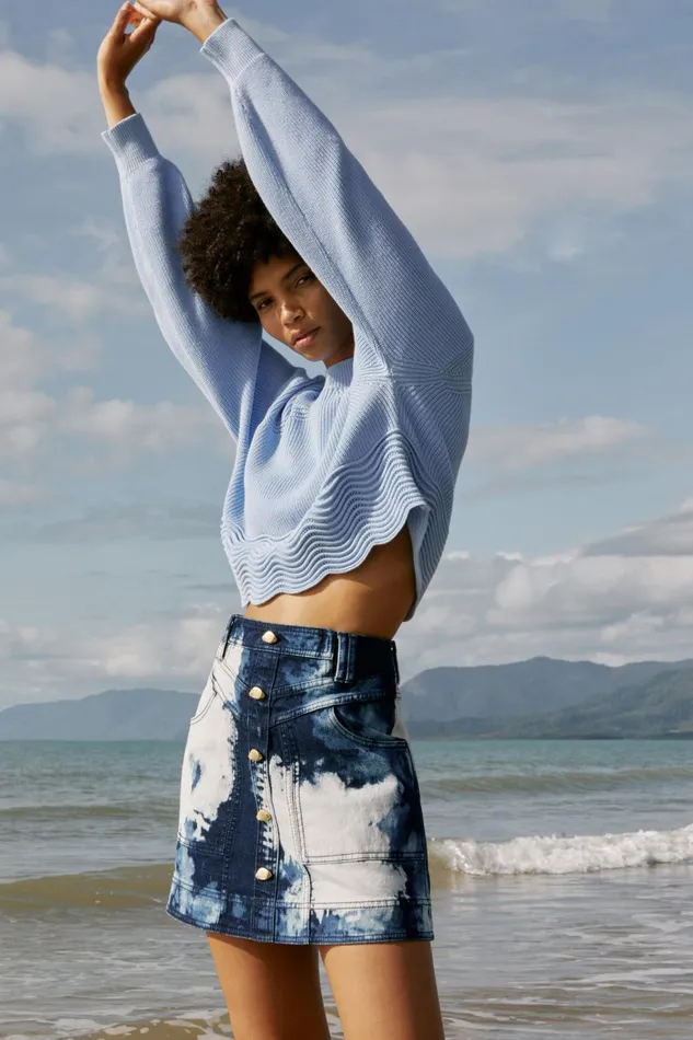 Women Enigma Denim Mini Skirt Tie Dye Indigo Aje Skirts
