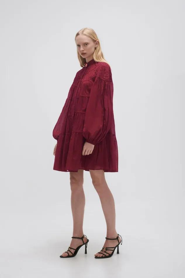 Women Erika Ruched Tier Mini Dress Mahogany Red Aje Dresses