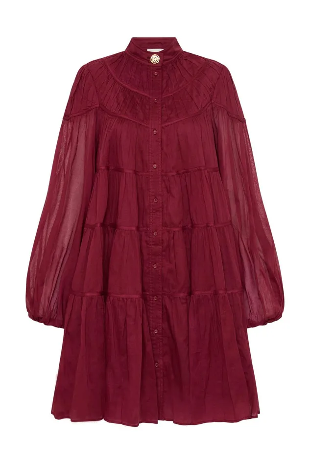 Women Erika Ruched Tier Mini Dress Mahogany Red Aje Dresses