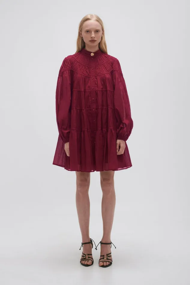 Women Erika Ruched Tier Mini Dress Mahogany Red Aje Dresses