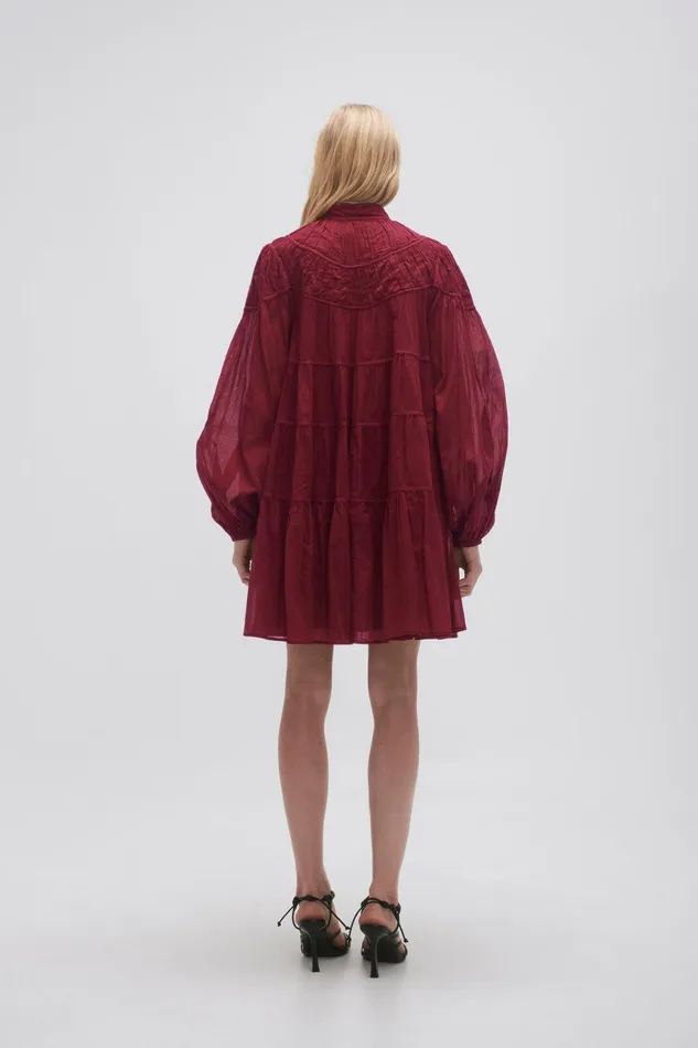 Women Erika Ruched Tier Mini Dress Mahogany Red Aje Dresses