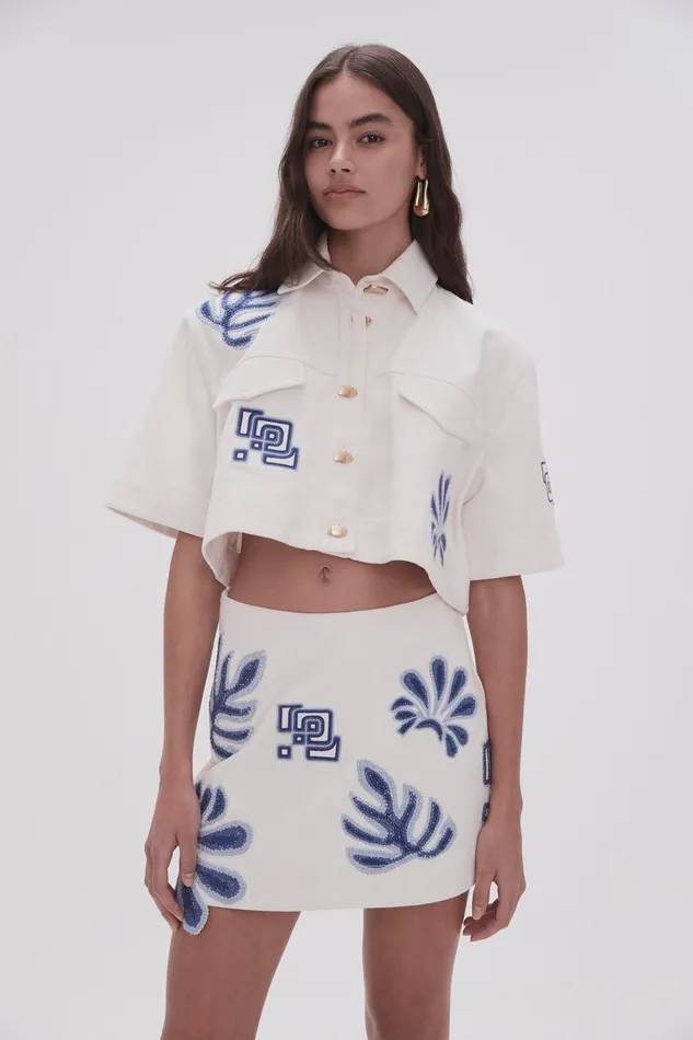 Women Esprit Embroidered Crop Top Ivoryblue Aje Tops