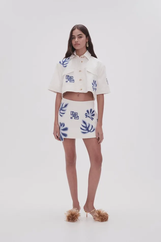 Women Esprit Embroidered Crop Top Ivoryblue Aje Tops