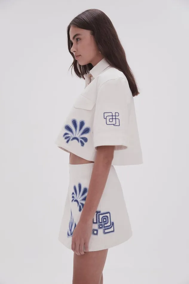 Women Esprit Embroidered Crop Top Ivoryblue Aje Tops