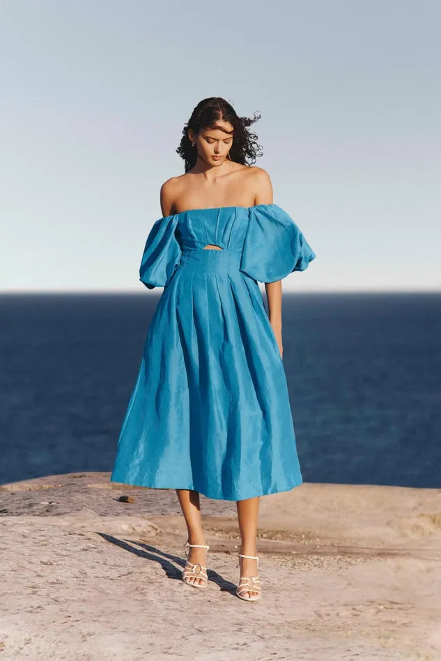 Women Eugenie Off Shoulder Midi Dress Azure Blue Aje Dresses