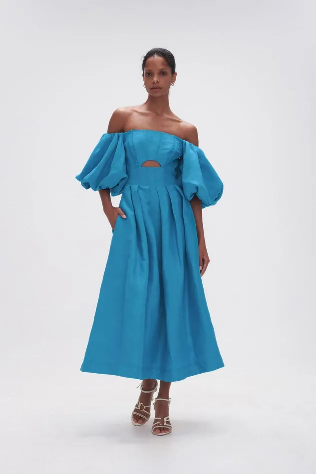 Women Eugenie Off Shoulder Midi Dress Azure Blue Aje Dresses