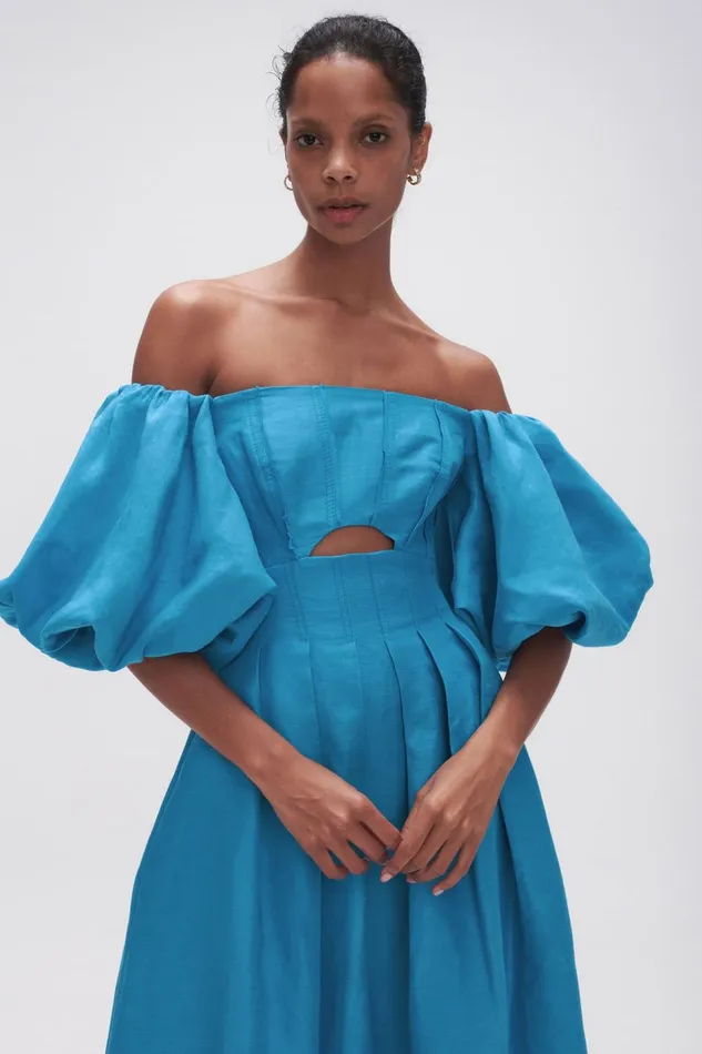 Women Eugenie Off Shoulder Midi Dress Azure Blue Aje Dresses