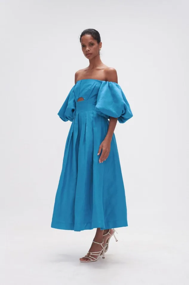 Women Eugenie Off Shoulder Midi Dress Azure Blue Aje Dresses